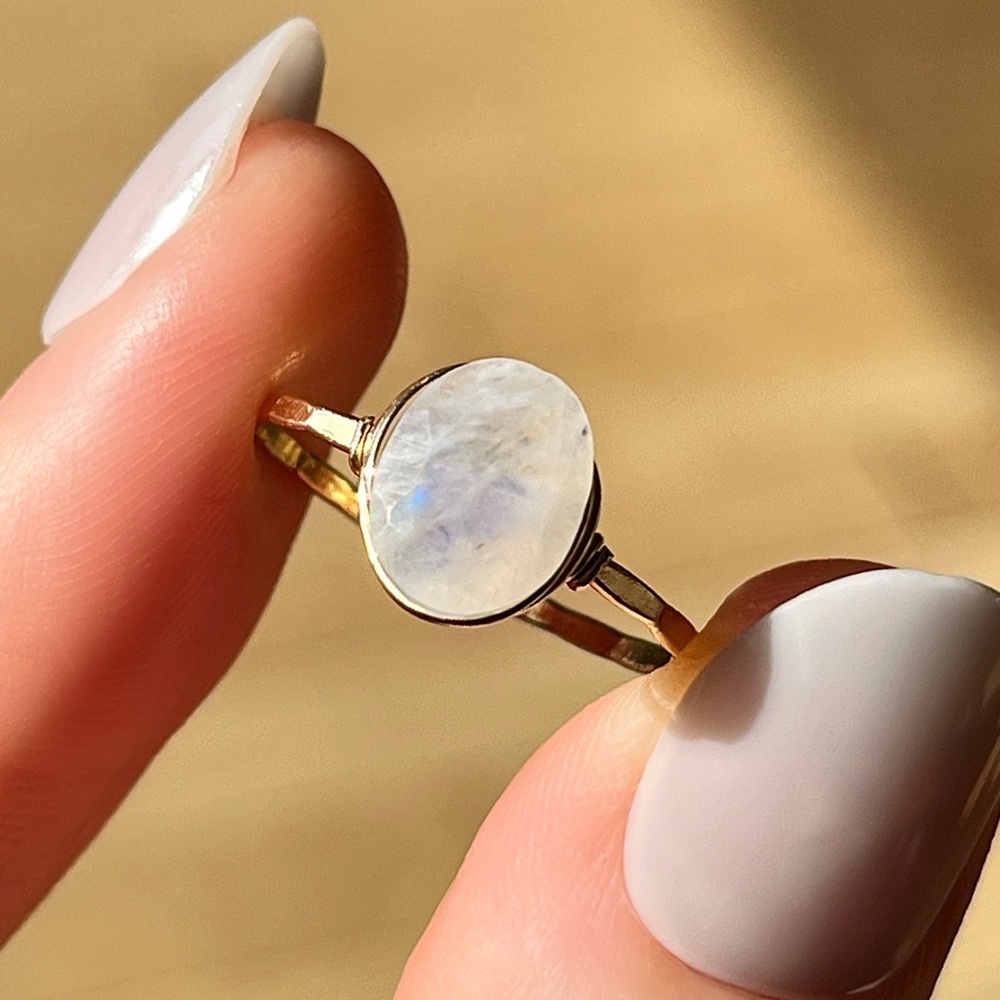 Gold Filled Wire Wrapped Moonstone Ring Dainty Oval Stone Ring Sizes 5-9